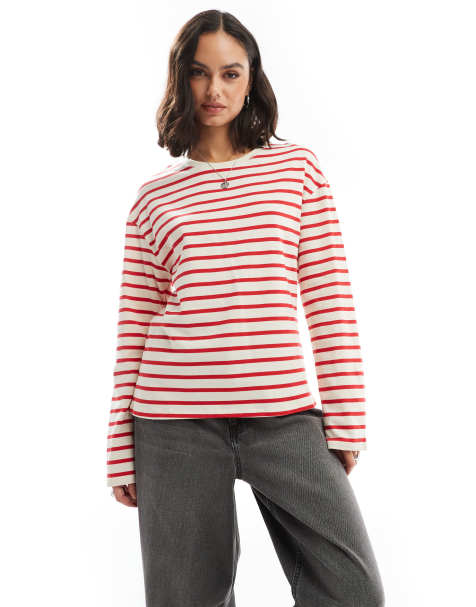 Only - Maglietta a maniche lunghe color crema a righe rosse - view 1