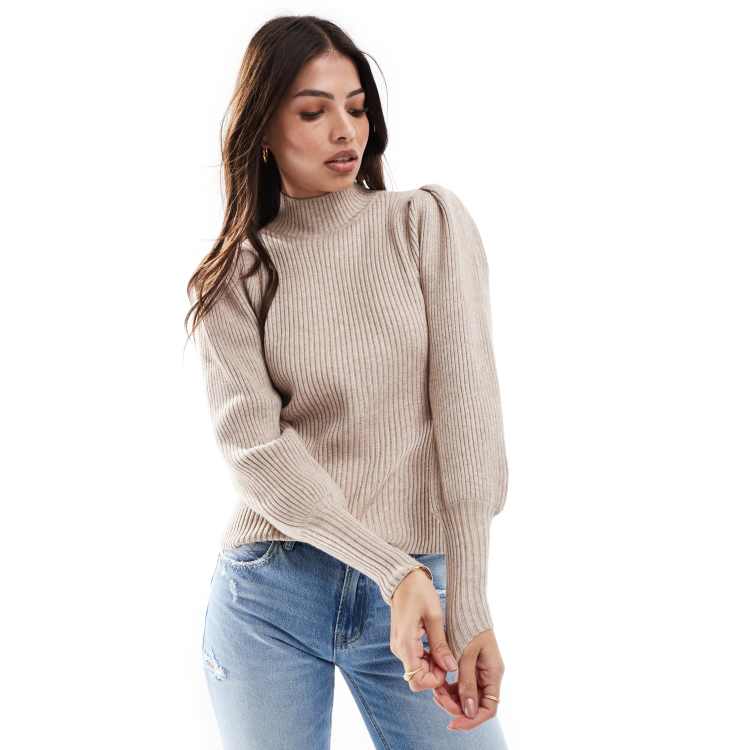ONLY Maglione accollato beige chiaro con maniche a sbuffo ASOS