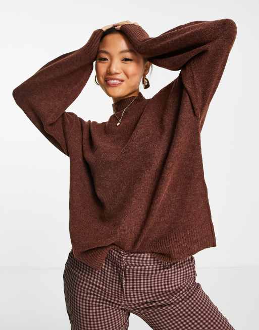 Only - Maglione accollato con maniche a palloncino color ruggine - BROWN