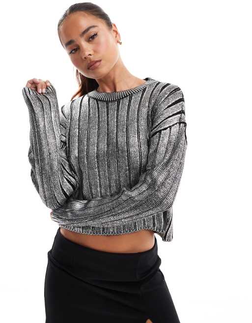 ONLY - Maglione corto a trecce color argento metallizzato