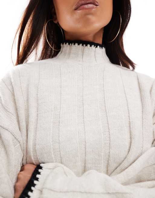 Only - Maglione corto color pietra con finiture a contrasto, 2 di 4