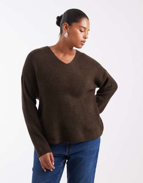 ONLY maglione Curve con scollo a V in marrone scuro - view 1