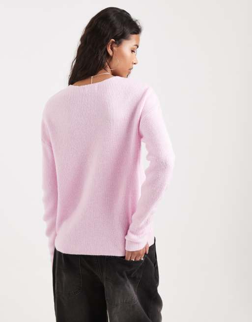ONLY - Maglione extra largo con scollo a V rosa chiaro, 2 di 4
