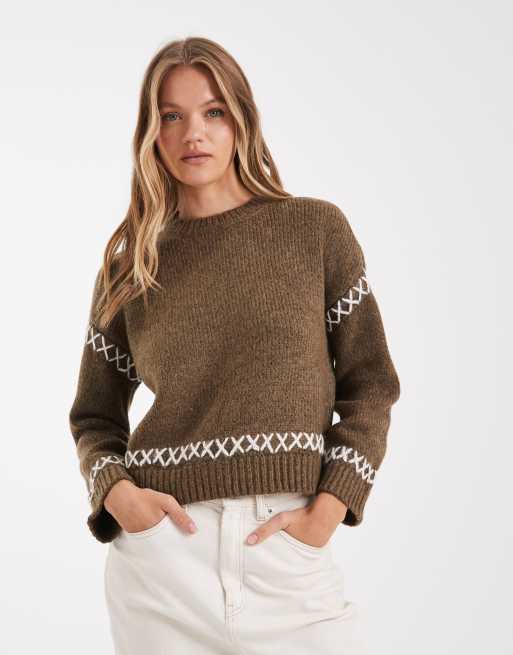 ONLY - Maglione girocollo marrone chiaro con dettagli a contrasto