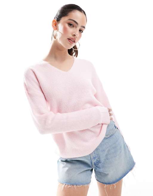 ONLY - Maglione largo color rosa pastello con scollo a V