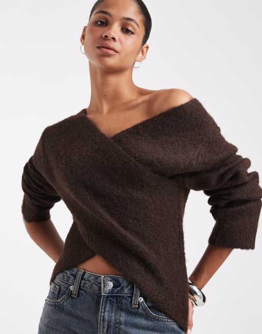 ONLY maglione lavorato a maglia avvolgente marrone, 2 di 4