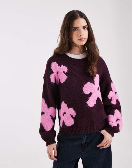 ONLY maglione lavorato a maglia con dettagli floreali bordeaux, 1 di 4