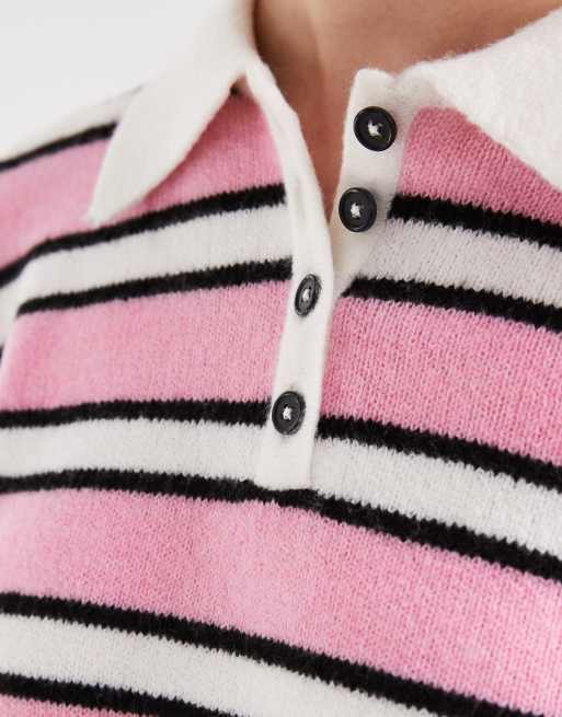 ONLY - Maglione lavorato con colletto stile polo rosa a righe, 2 di 4