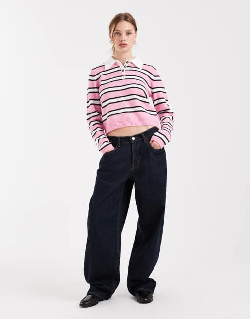 ONLY - Maglione lavorato con colletto stile polo rosa a righe, 3 di 4