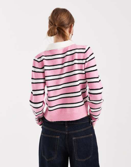 ONLY - Maglione lavorato con colletto stile polo rosa a righe, 4 di 4