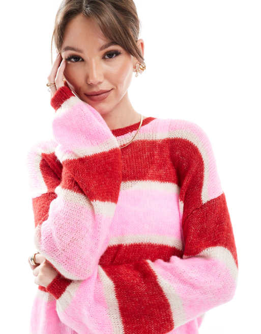 ONLY - Maglione leggero rosso e rosa a righe, 3 di 4