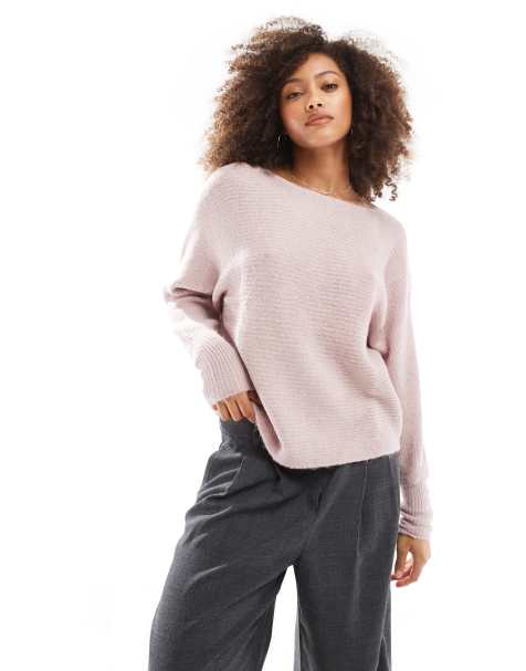 ONLY - Maglione rosa a coste con scollo ampio - view 1