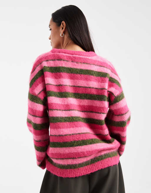 ONLY - Maglione rosa a righe con scollo rotondo, 2 di 4