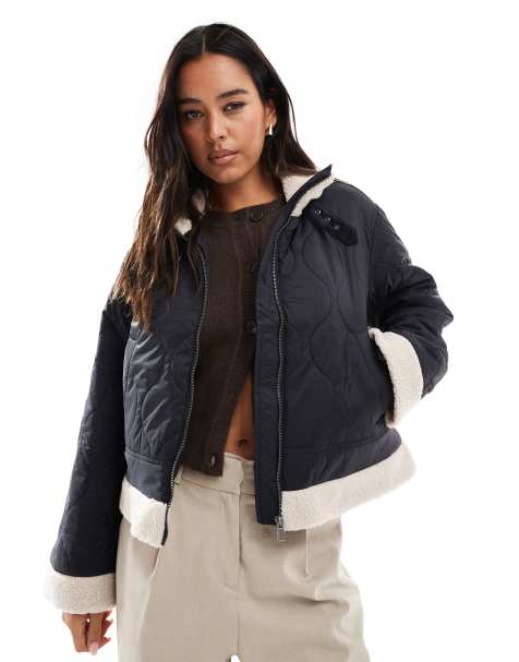 ONLY - Manteau à matelassage losange avec bordures en polaire - Noir - view 1