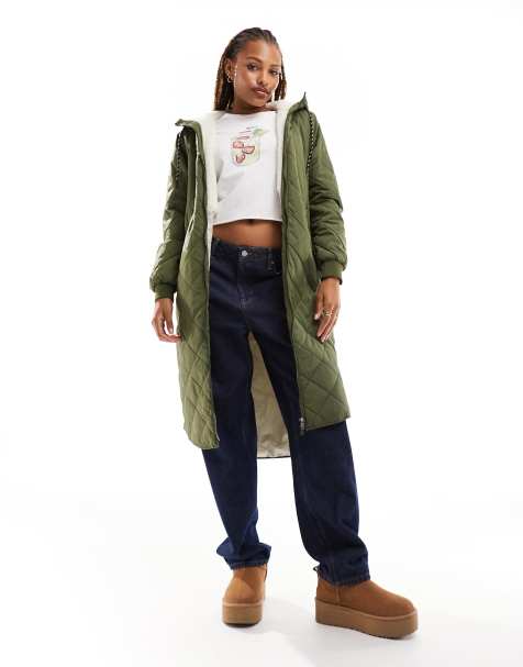 Only - Manteau long matelassé avec capuche duveteuse - Kaki - view 1