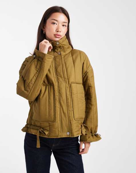 Only - Manteau matelassé à col cheminée avec liens à nouer - Olive - view 1