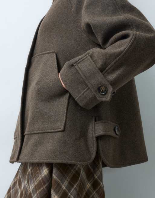 ONLY manteau trench court en faux lainage à col cheminée marron, 3 de 4