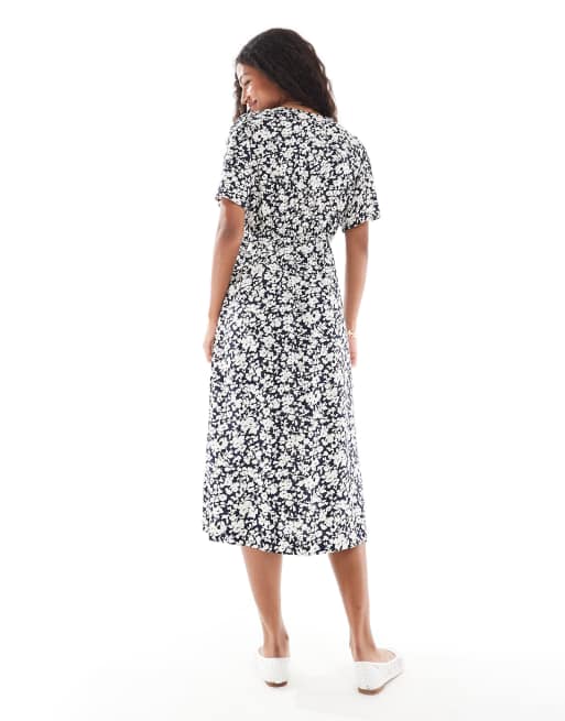 ONLY - Marineblå tea-midikjole med blomstermønster, 2 af 4