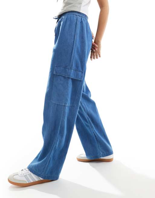 ONLY Marla wide leg denim cargo trousers in mid blue 