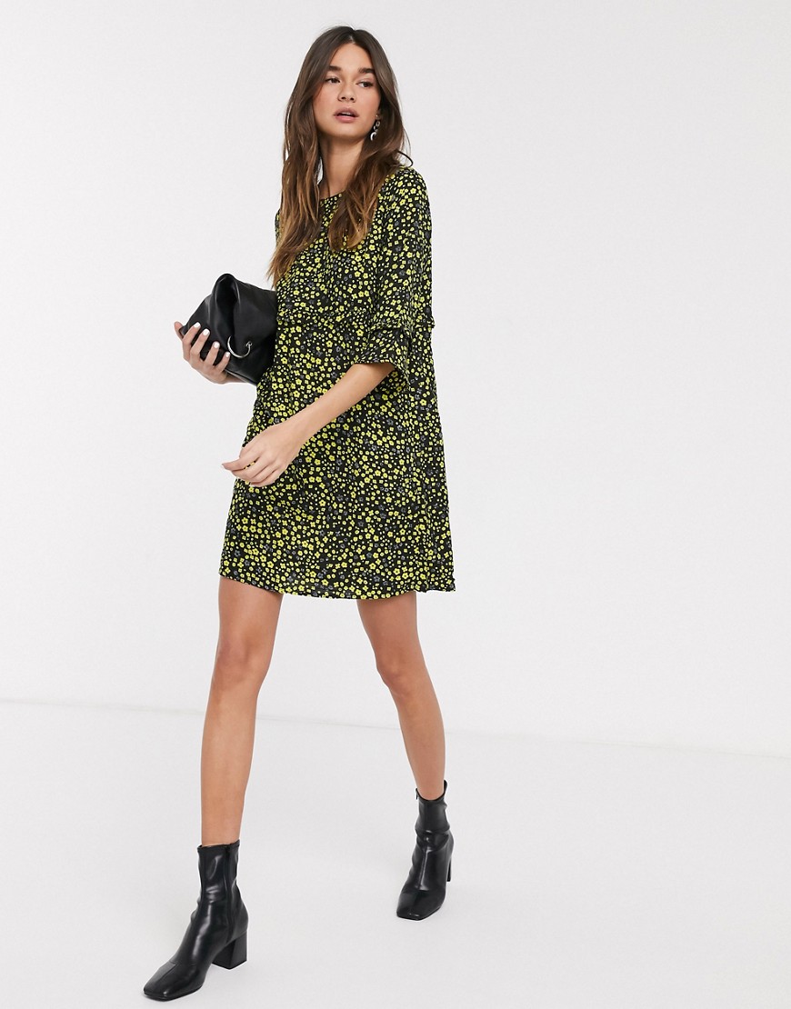 Only Mary 3/4 sleeve printed smock dress-Black