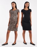 [Only Maternity] ONLY Maternity 2 pack of short sleeve dresses in black & animal print XL BLACK