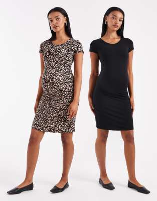 ONLY Maternity - 2er-Pack kurzärmlige Kleider in Schwarz und mit Animal-Print, Umstandsmode