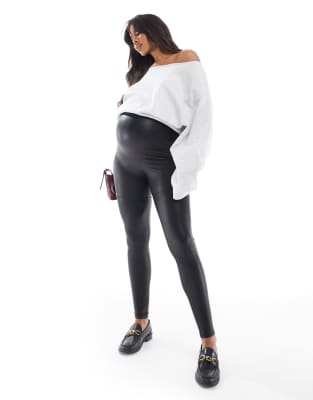 ONLY Maternity - Beschichtete Leggings in Schwarz, Umstandsmode