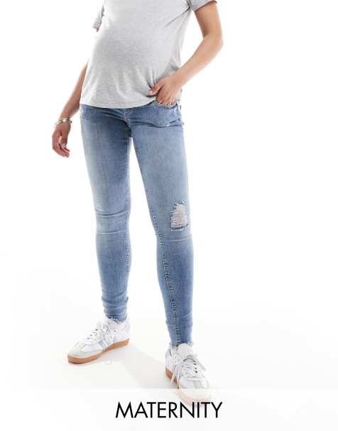 ONLY Maternity Blush skinny jeans with frayed hem in mid blue 