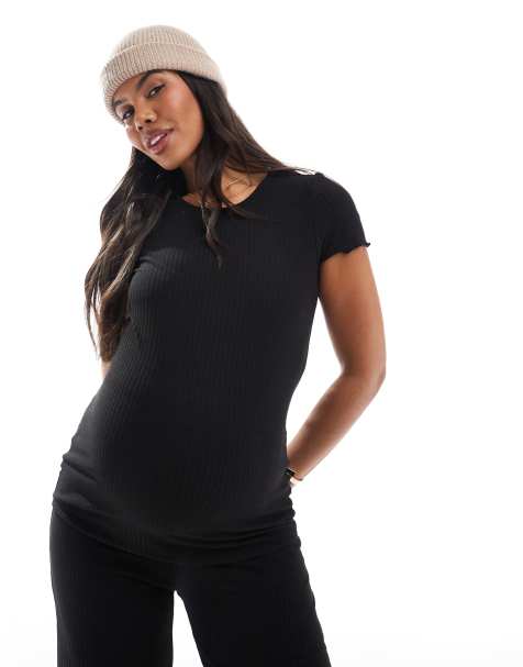 Only Maternity – Czarny top z krótkimi rękawami i karbowanym wykończeniem - view 1