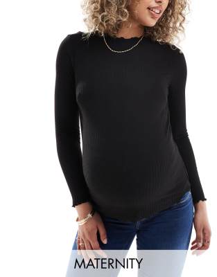 Only Maternity High Neck Lettuce Edge Top In Black