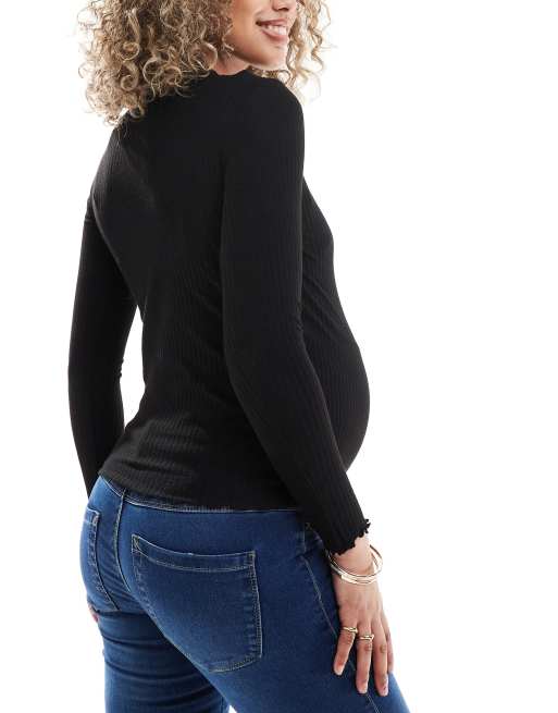 ONLY Maternity high neck lettuce edge top in black , 3 of 4