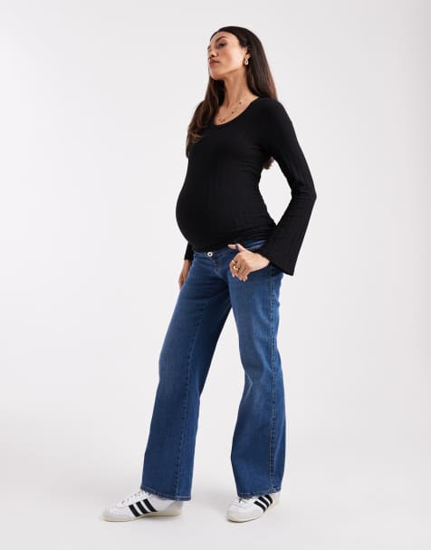 ONLY Maternity high waist wide leg jeans in mid blue - view 1