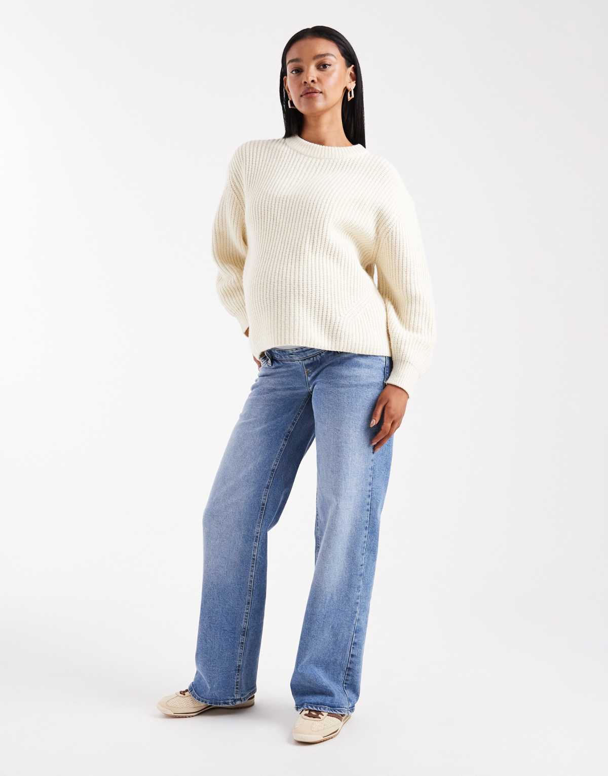 ONLY Maternity high waist wide leg jeans in mid blue