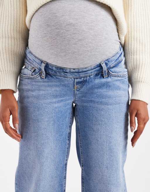 ONLY Maternity high waist wide leg jeans in mid blue