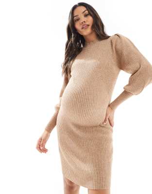 Only Maternity ONLY Maternity knitted midi dress in light brown