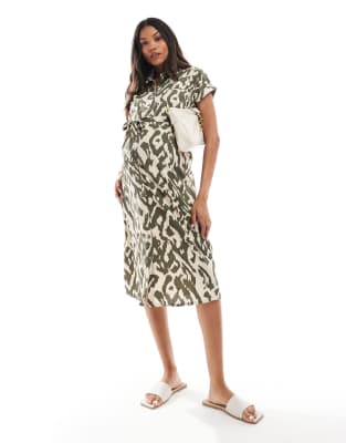 ONLY Maternity - Kurzärmliges Umstands-Hemdblusenkleid mit abstraktem Print-Neutral