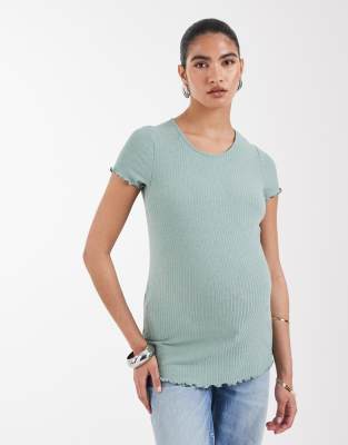 Only Maternity Lettuce Edge Short Sleeve Top In Green