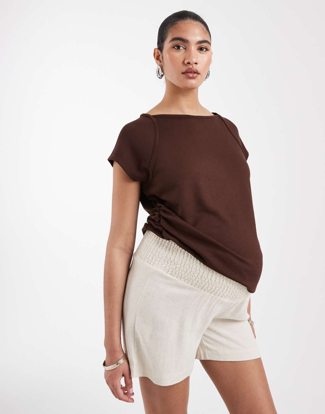 ASOS ONLY Maternity linen blend shorts with elastic waistband in beige