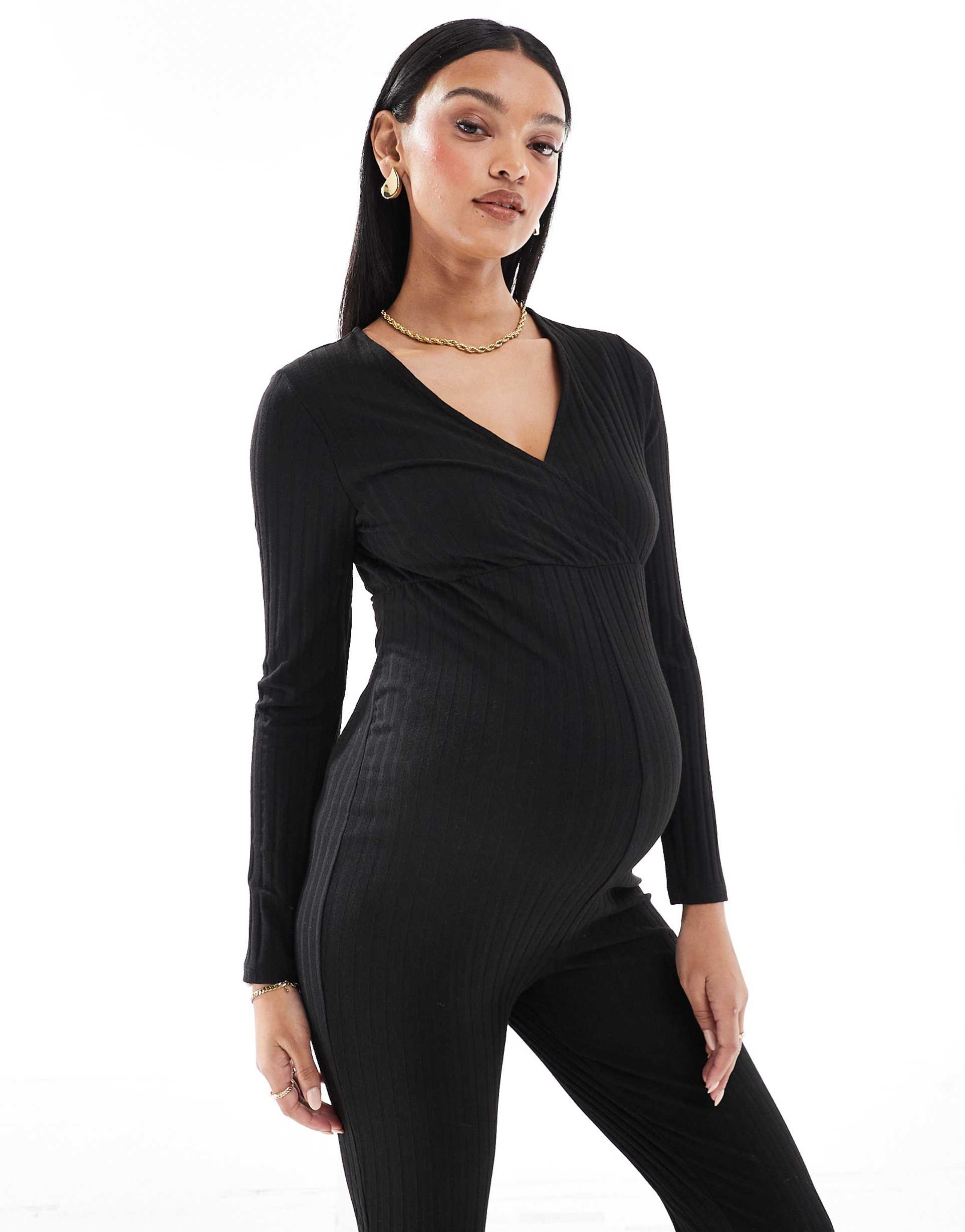 only maternity long sleeve jersey jumpsuit in black