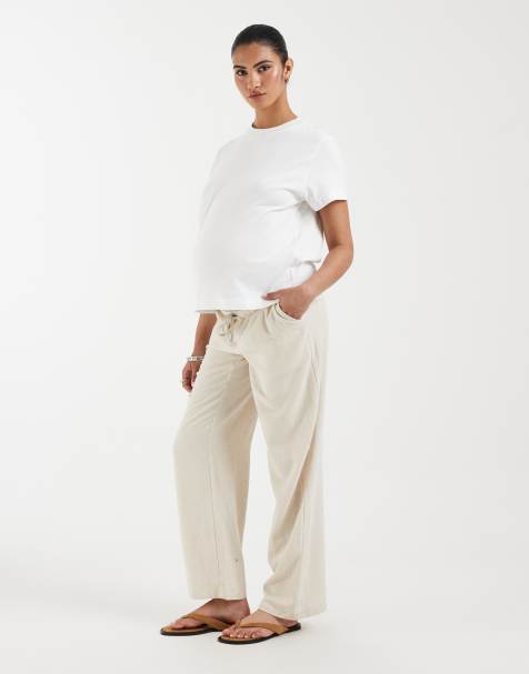 ONLY Maternity over the bump linen blend pants in beige - view 1