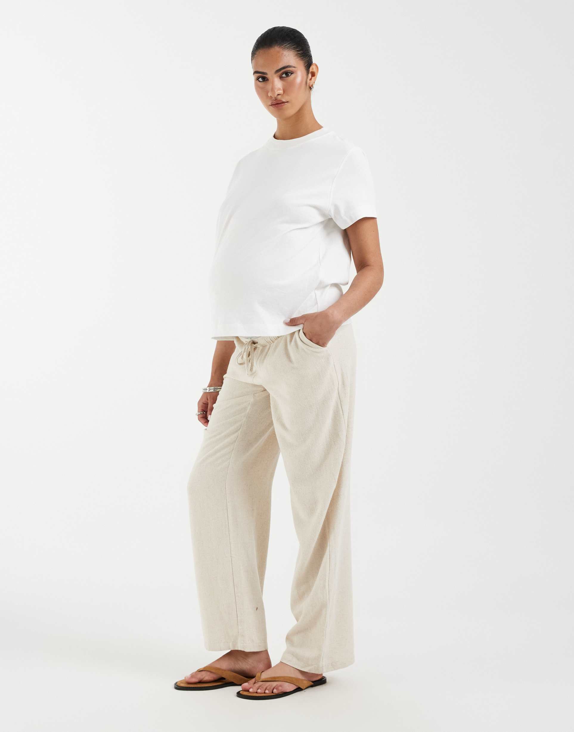 only maternity over the bump linen blend pants in beige