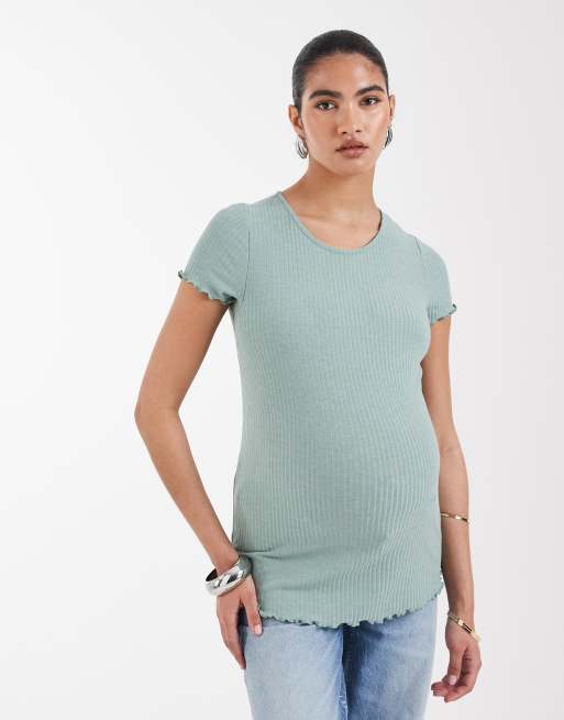 ONLY Maternity - Top a maniche corte color salvia con bordi smerlati