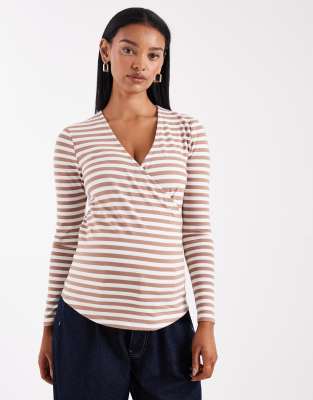 Only Maternity ONLY Maternity wrap top in white and brown stripes