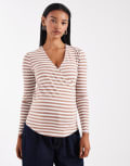 [Only Maternity] ONLY Maternity wrap top in white and brown stripes S BROWN