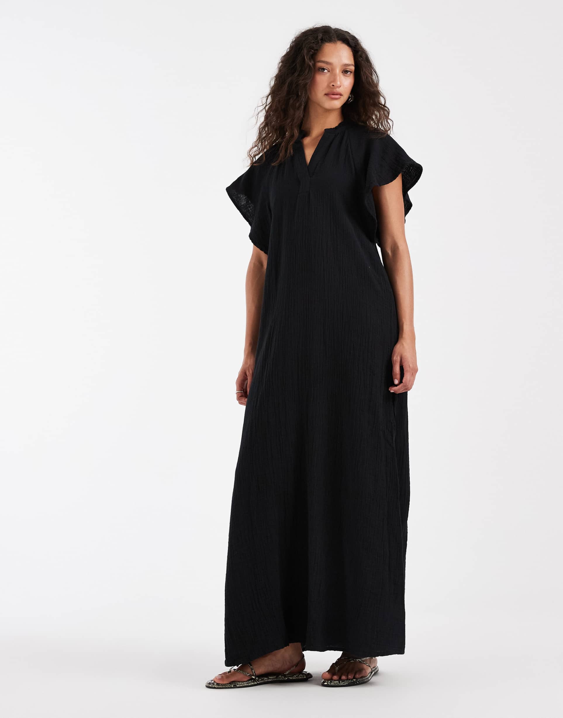 only maxi cheesecloth dress with flutter sleeves in black