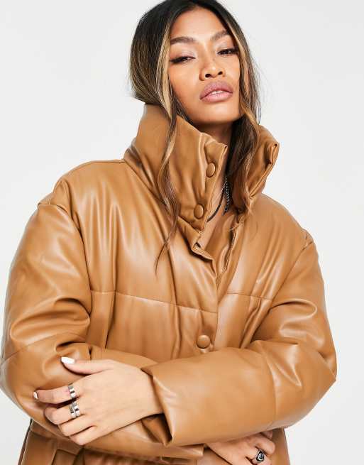 Leather Puffer Down Jacket (Light Brown)