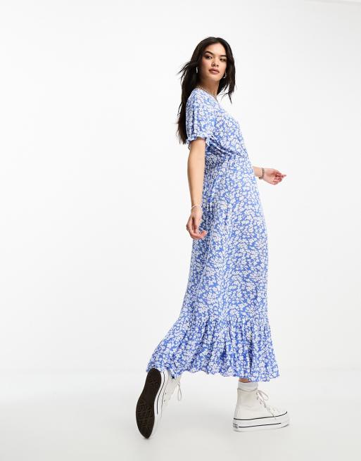 Only Maxi jurk met pofmouwen en V hals in blauw met bloemenprint