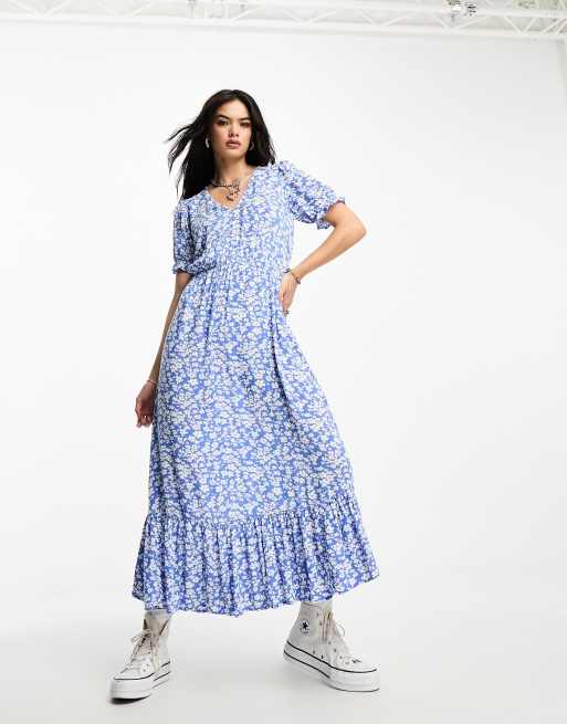 Only Maxi jurk met pofmouwen en V hals in blauw met bloemenprint