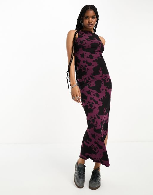 Only Maxi jurk met ruches in paarse en zwarte koeienprint