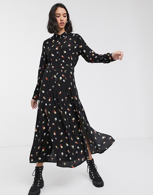 Only maxi shirt dress in black floral